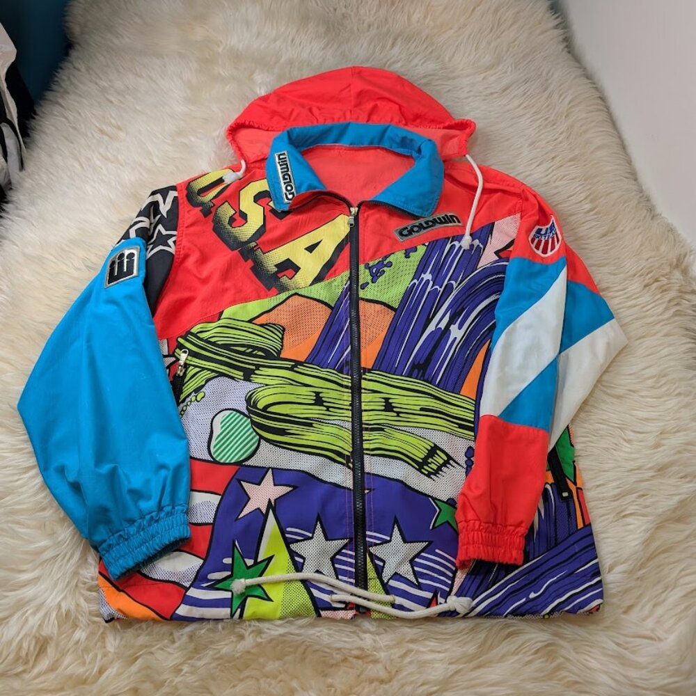 Vintage Goldwin USA Ski Team Windbreaker Comic Book Print All Over Men Large